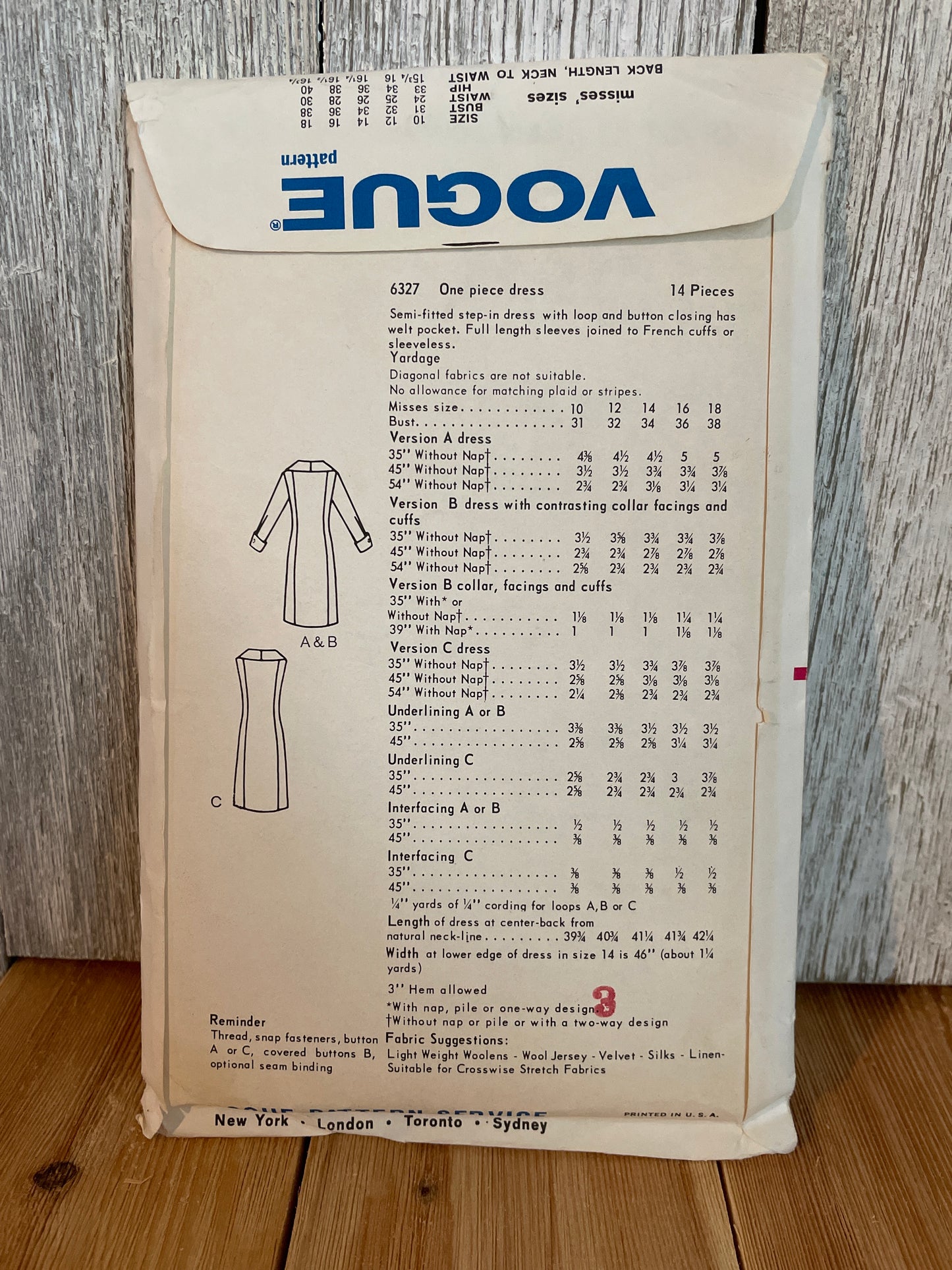 Vogue 6327 1964 Mod One Piece Dress Size 14 Pattern UNCUT FF