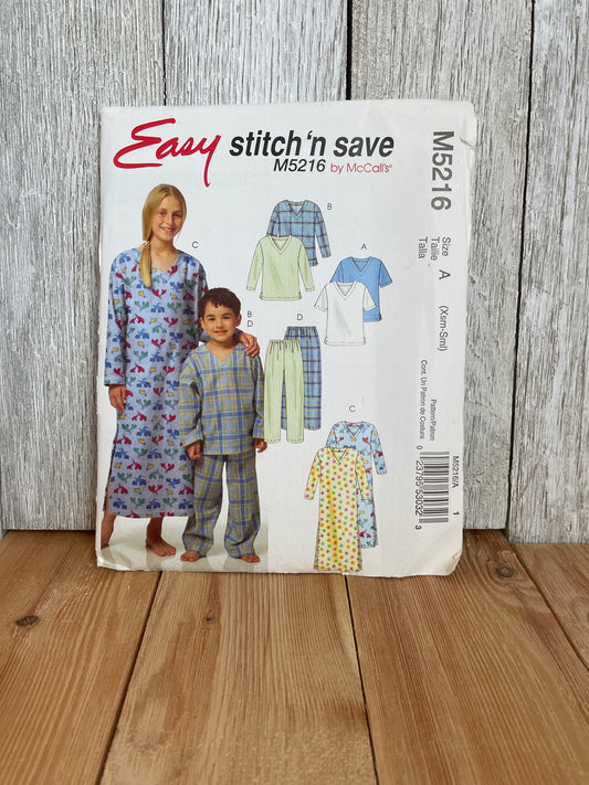 Mccalls M5216 Childrens Tops Nightshirt and Pants Pajamas Size XS-S Pattern Uncut FF