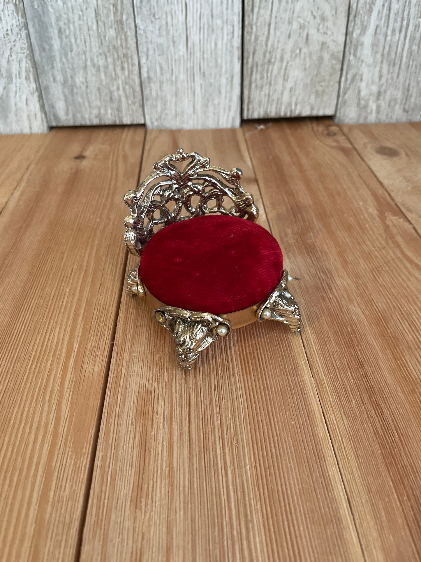 Vtg Collectible Vintage Pin Cushion Gold Tone Metal Chair Red Velvet Cushion Pearl Accents Label Kitsch quirky