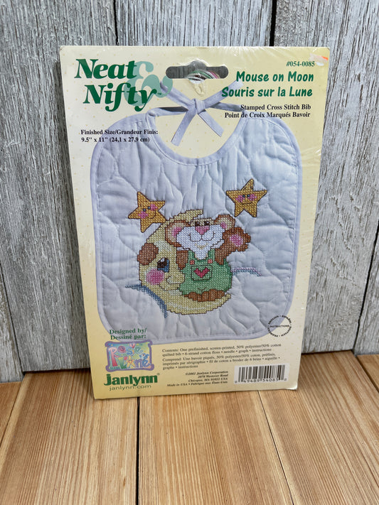 Neat Nifty Mouse on Moon Cross Stitch Kit Baby Bib #054-0085 NEW UNOPEN