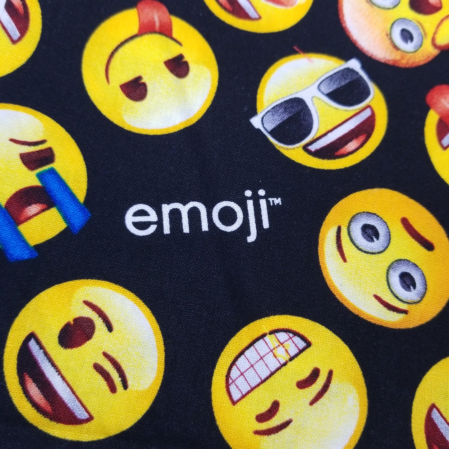 FABRIC yellow Emojis on black background cotton
