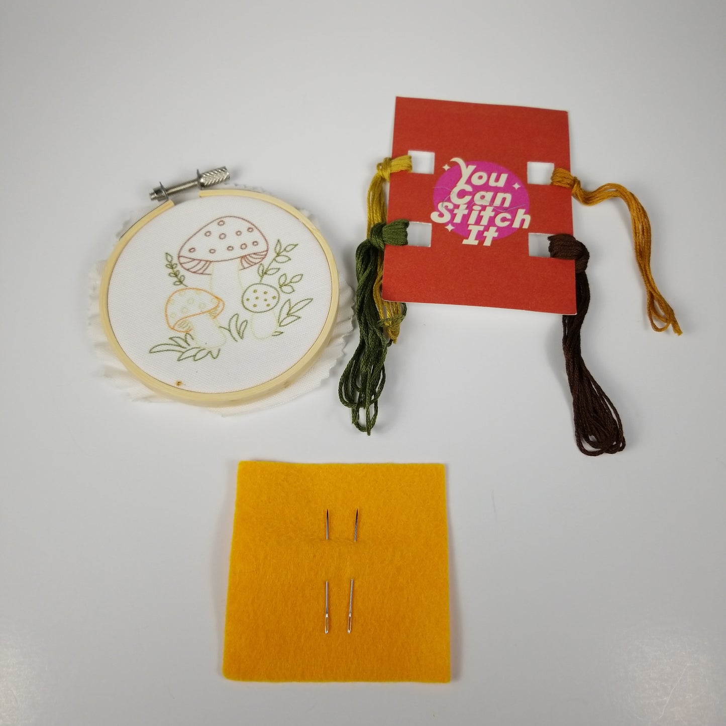 Printed Mushroom Embroidery Kit Floss, Frame and Needles