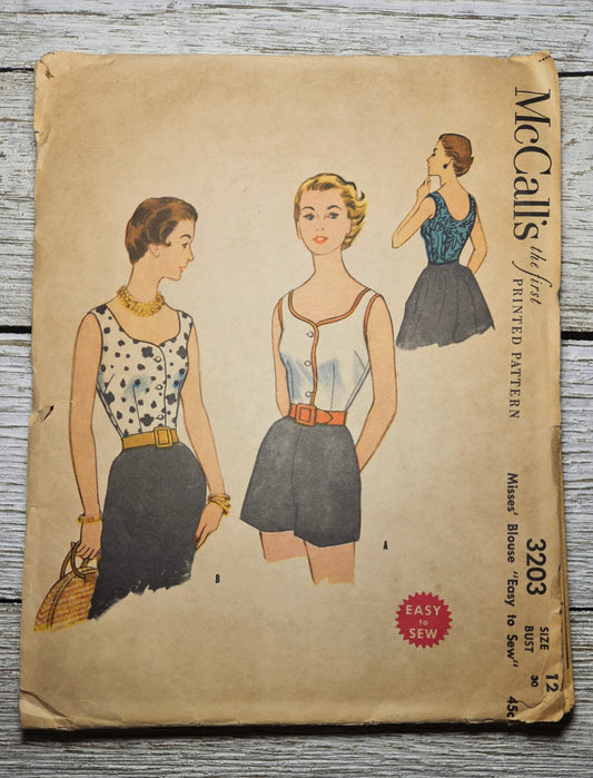 McCalls 3203 Misses Sleeveless Blouse Size 12 Uncut FF Easy to Sew 1950's Pattern