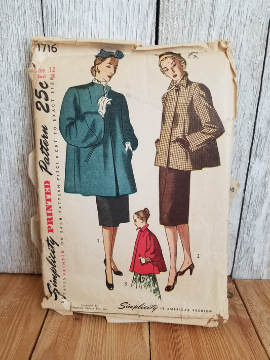 Simplicity 1716 Misses Coat with Slightly Lowered Armhole Size 12 Complete Pattern Precut