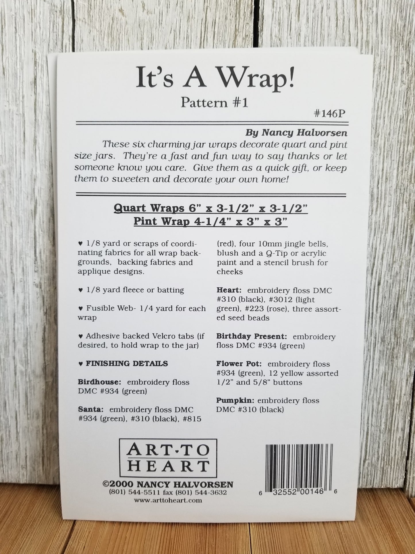 Art to Heart It's A Wrap #146P Sewing Pattern Holliday Mason Jar Wrap