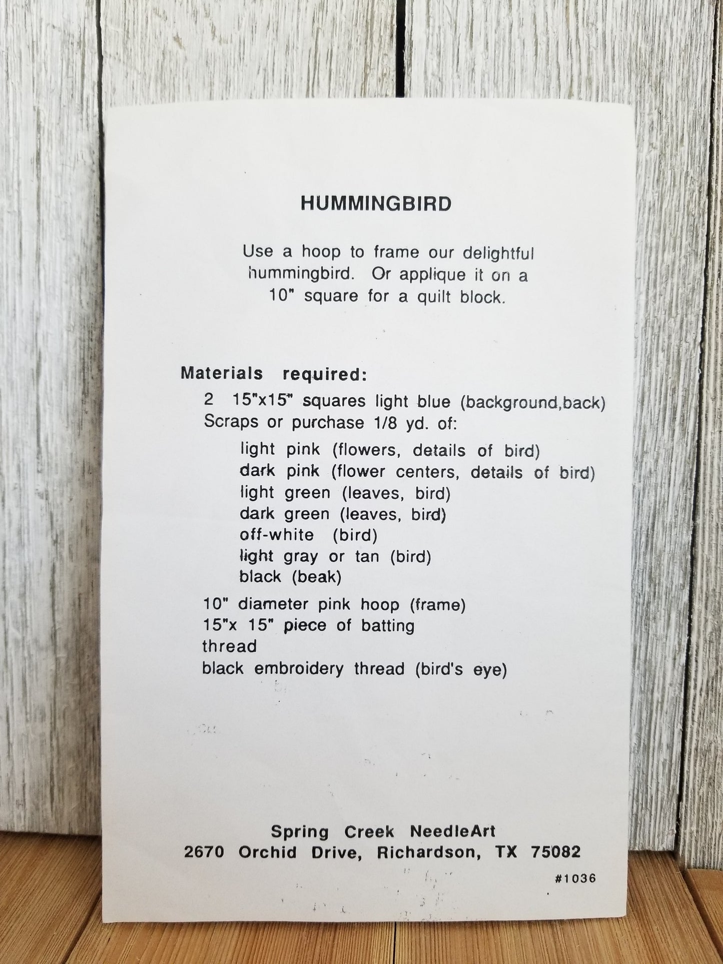 Hummingbird Spring Creek Needleart Applique Pattern #1036