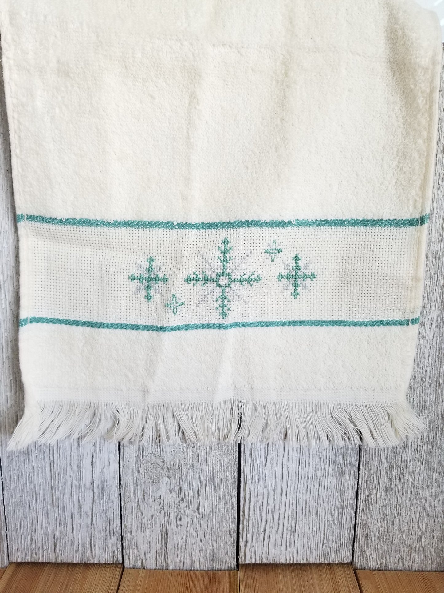 Vintage ross Stitch and sewing pattern Grab Bag Finished Cross Stitch Towel and plastic embroidery hoop