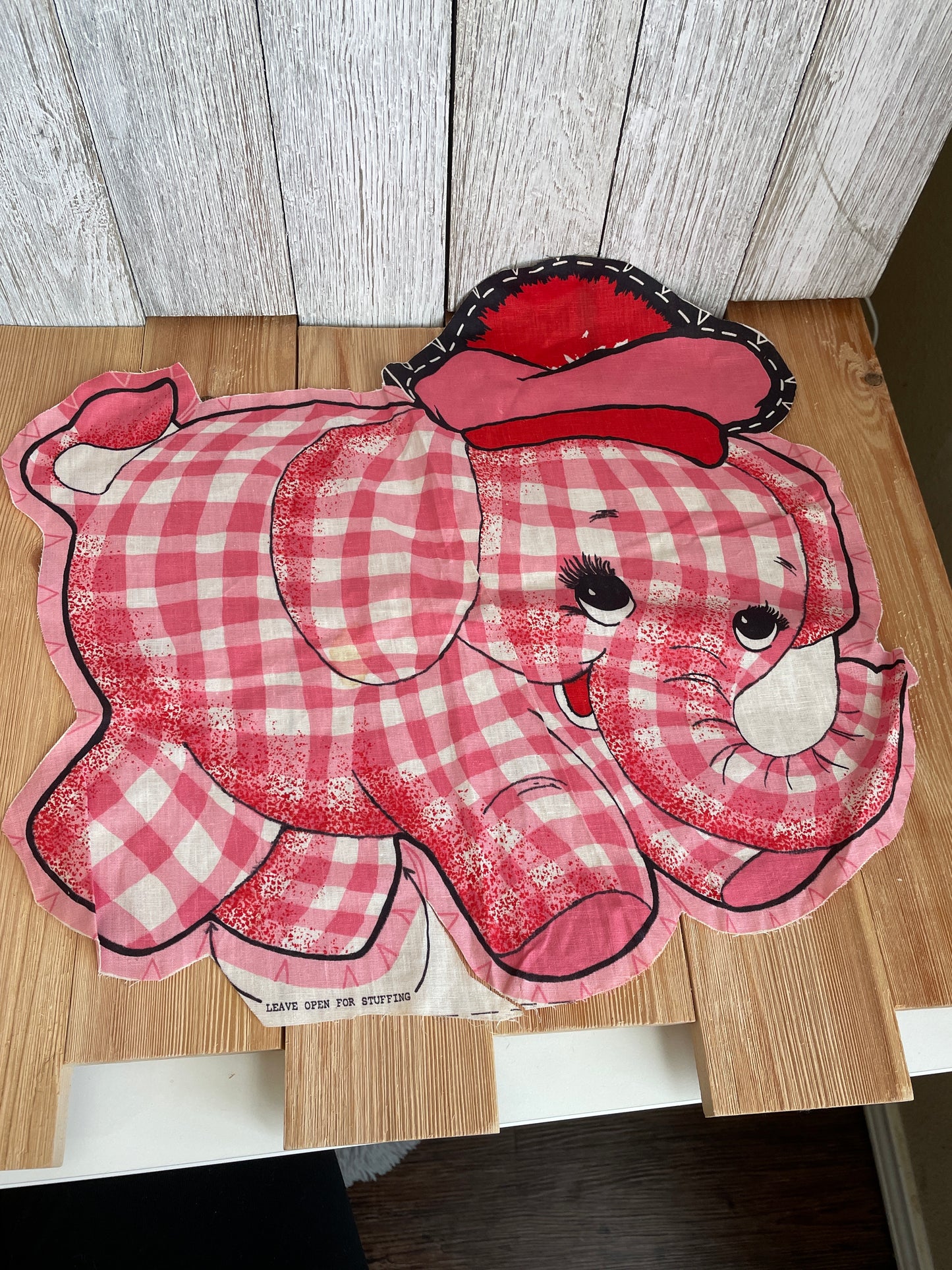 1960's Pink Gingham Circus Elephant Panel for Doll Vintage Stuffed Animal Cut but Complete