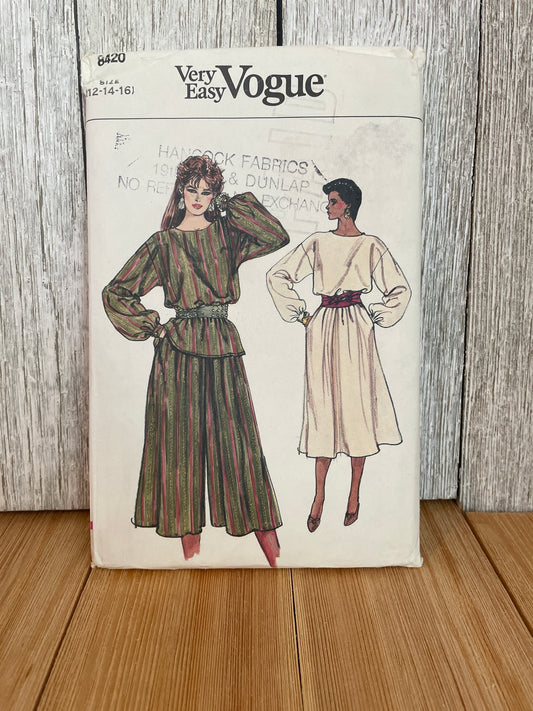 Vogue 8420 Loose Fitting Top Flared Skirt or Culottes Size 12-16 Pattern UNCUT FF