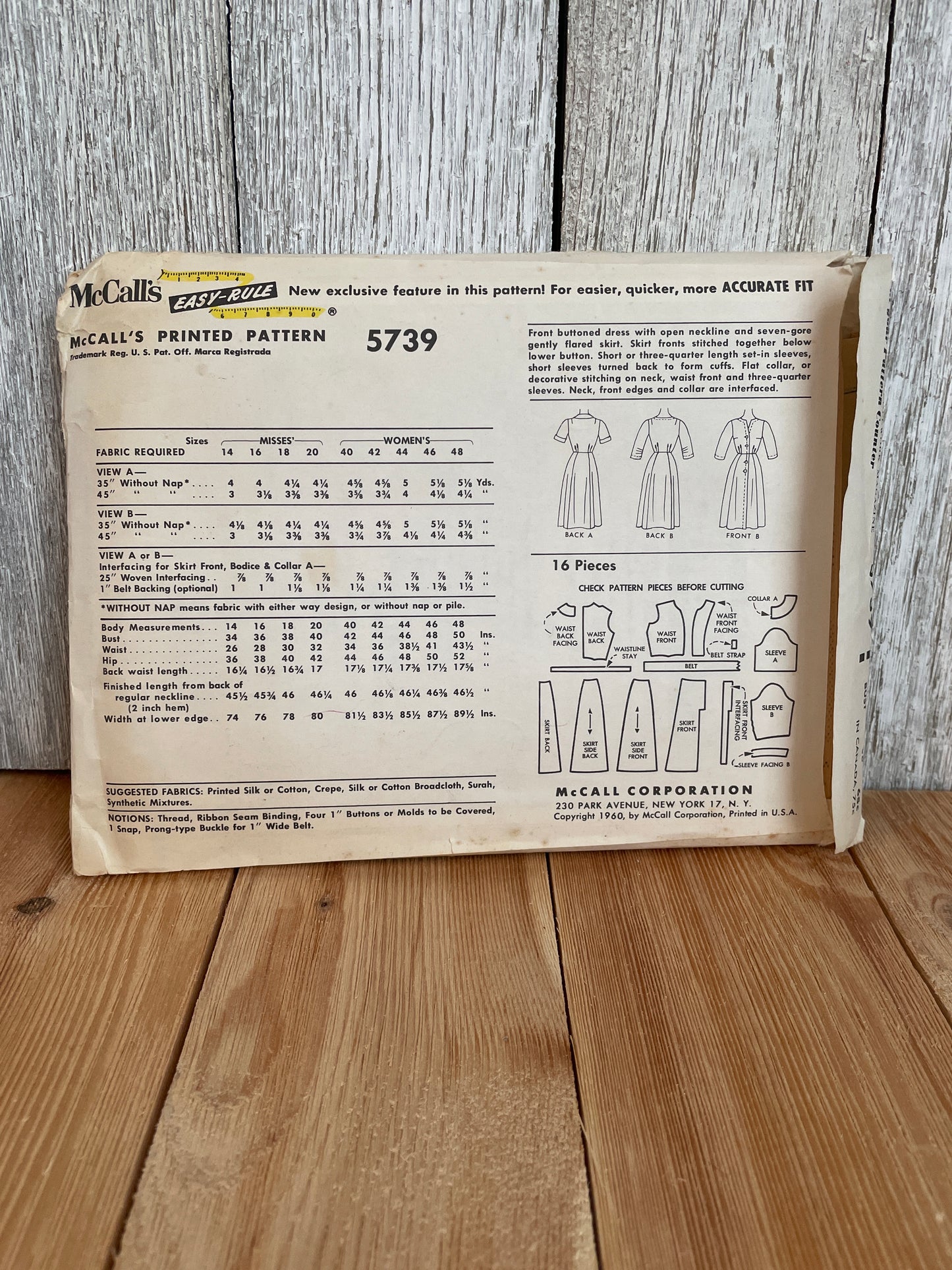 McCalls 5739 Front Button Dress Size 16 Sewing Pattern Complete