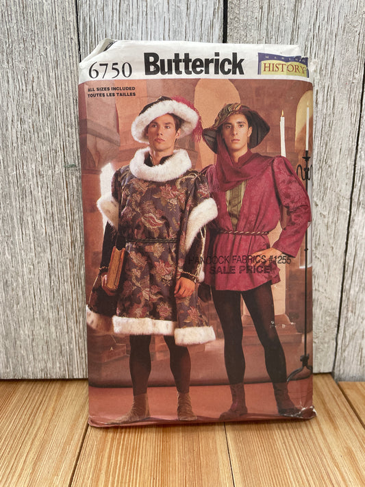 Butterick 6750 Renaissance Medieval Men's Tudor Tunic Shirt Hat Boot Spats Size 30-44 Uncut FF