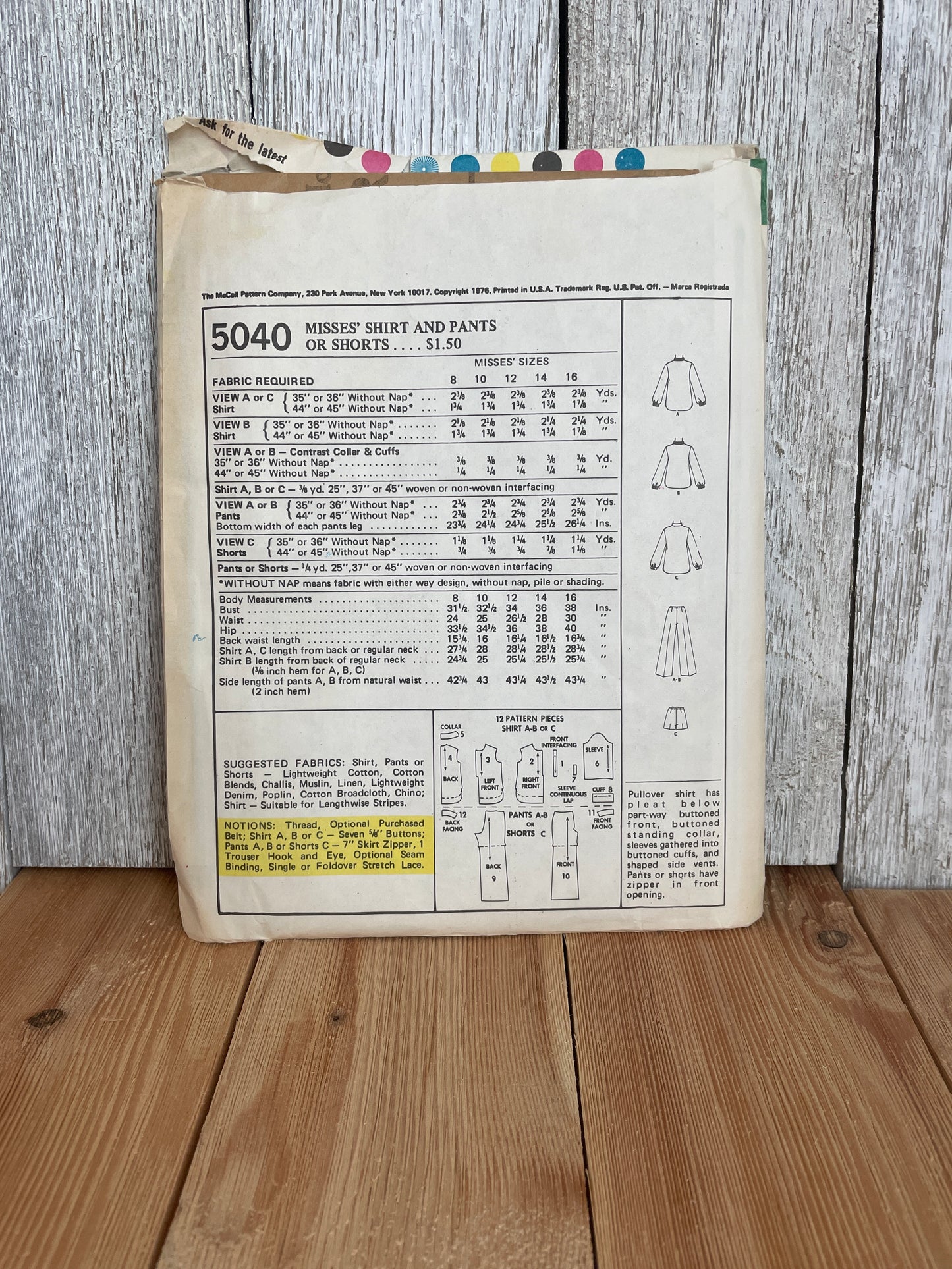 Mccalls 5040 Misses Shirt Pants and Shorts 1976 Pattern Uncut FF