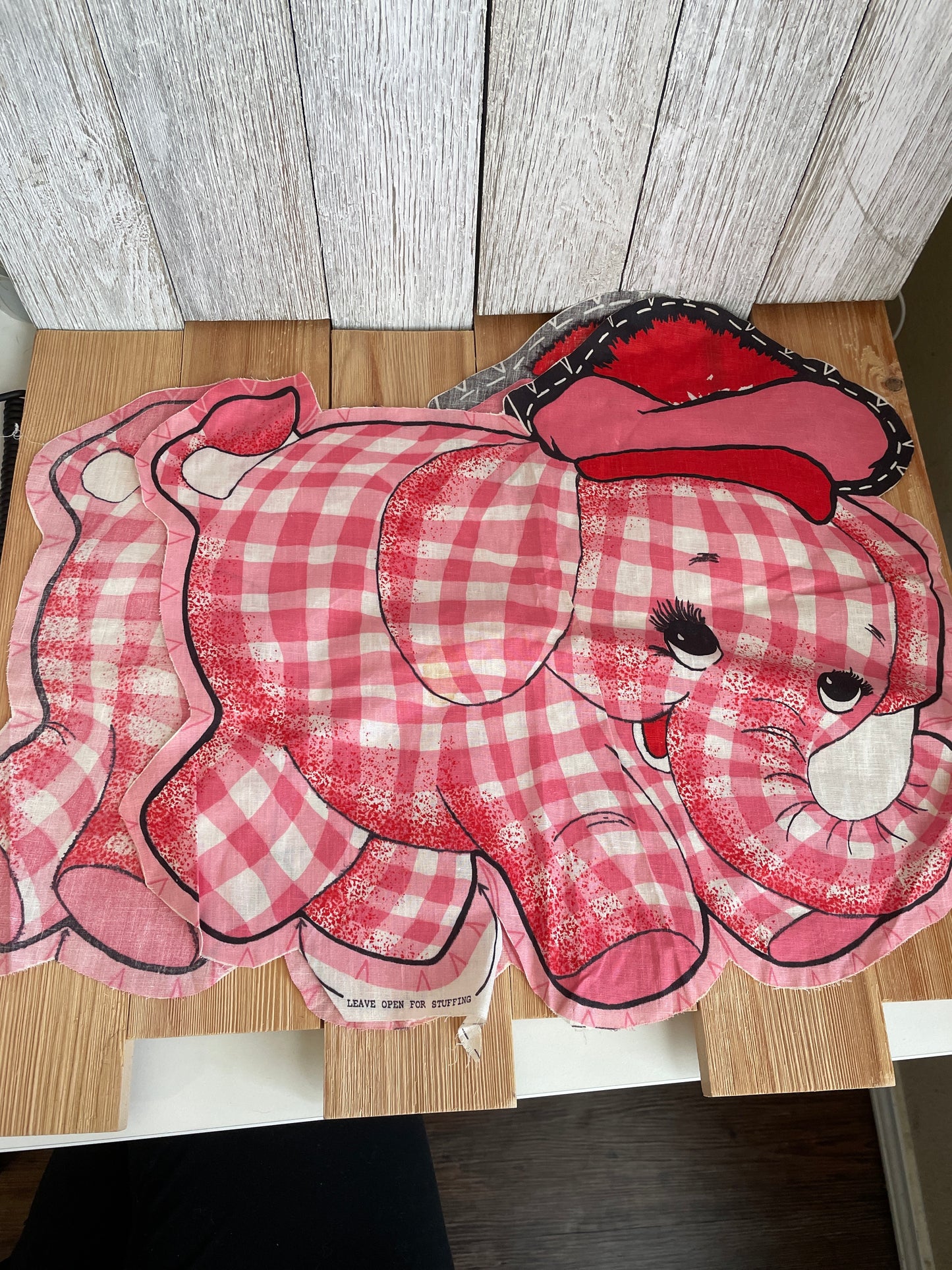 1960's Pink Gingham Circus Elephant Panel for Doll Vintage Stuffed Animal Cut but Complete