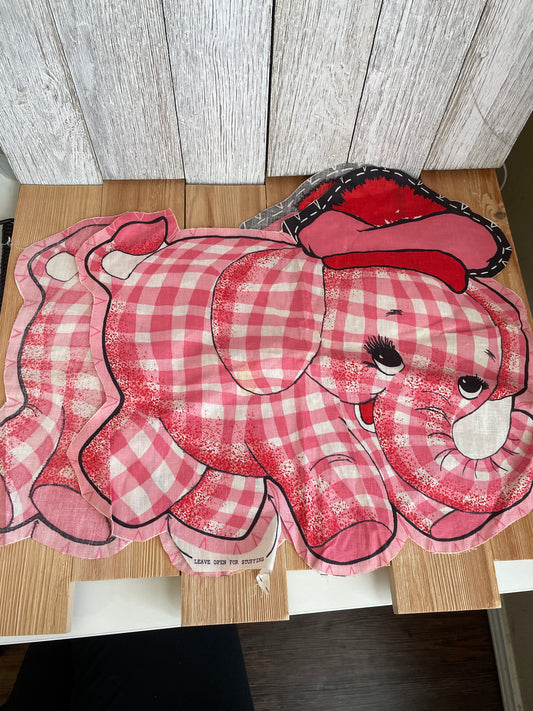 1960's Pink Gingham Circus Elephant Panel for Doll Vintage Stuffed Animal Cut but Complete