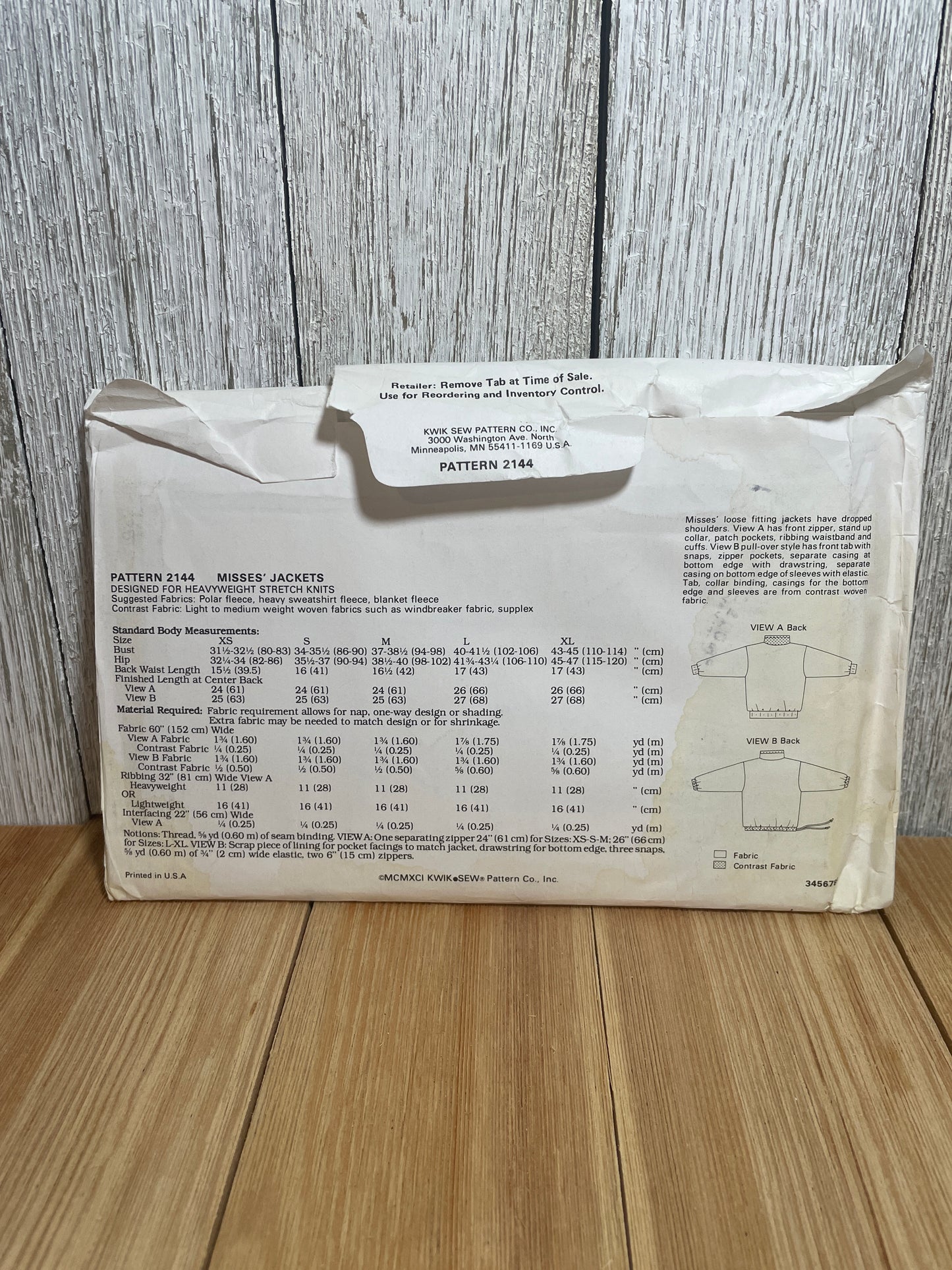 Kwik Sew 2144 Winter Misses Jacket with Zipper or Bitton Front Pockets Pattern Size XS-XL UNCUT FF