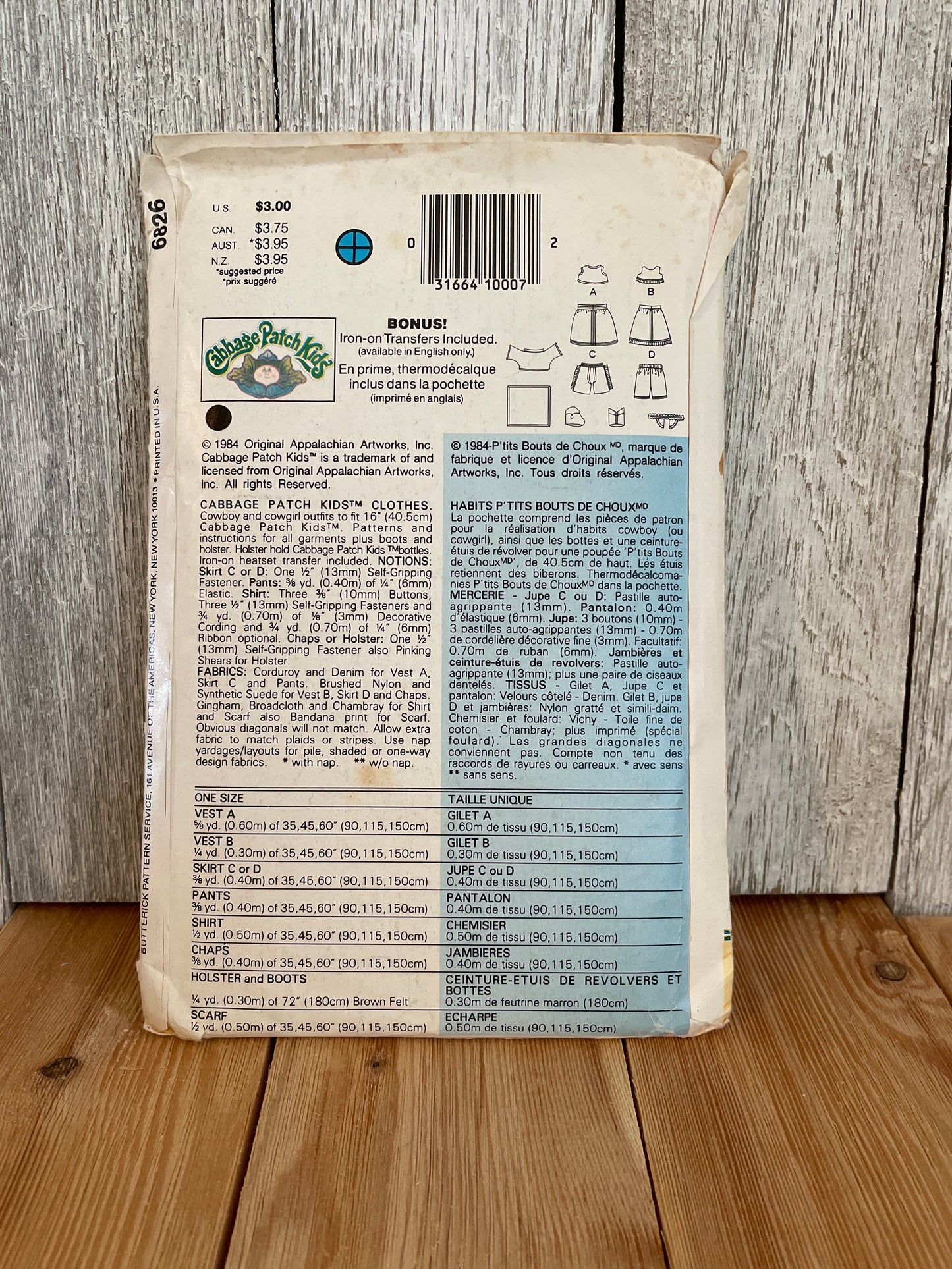 Buttrick 6826 Cabbage Patch Kids Clothes Pattern and Transfers Wester Cowboy Outfit UNCUT FF