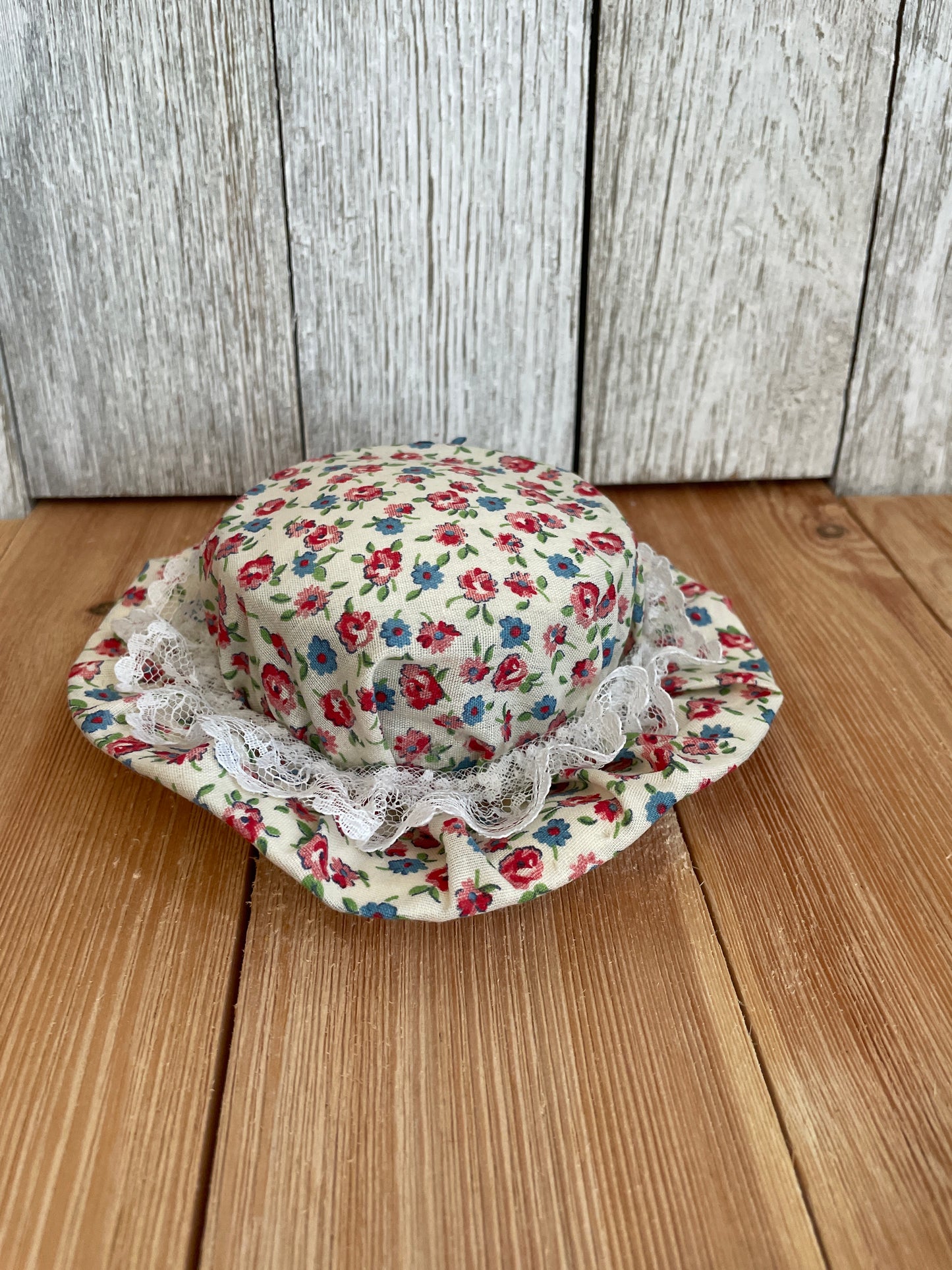 Vintage Handmade Pincushion Victorian Sun Hat with Lace and Blue Flower Details Quirky Cute