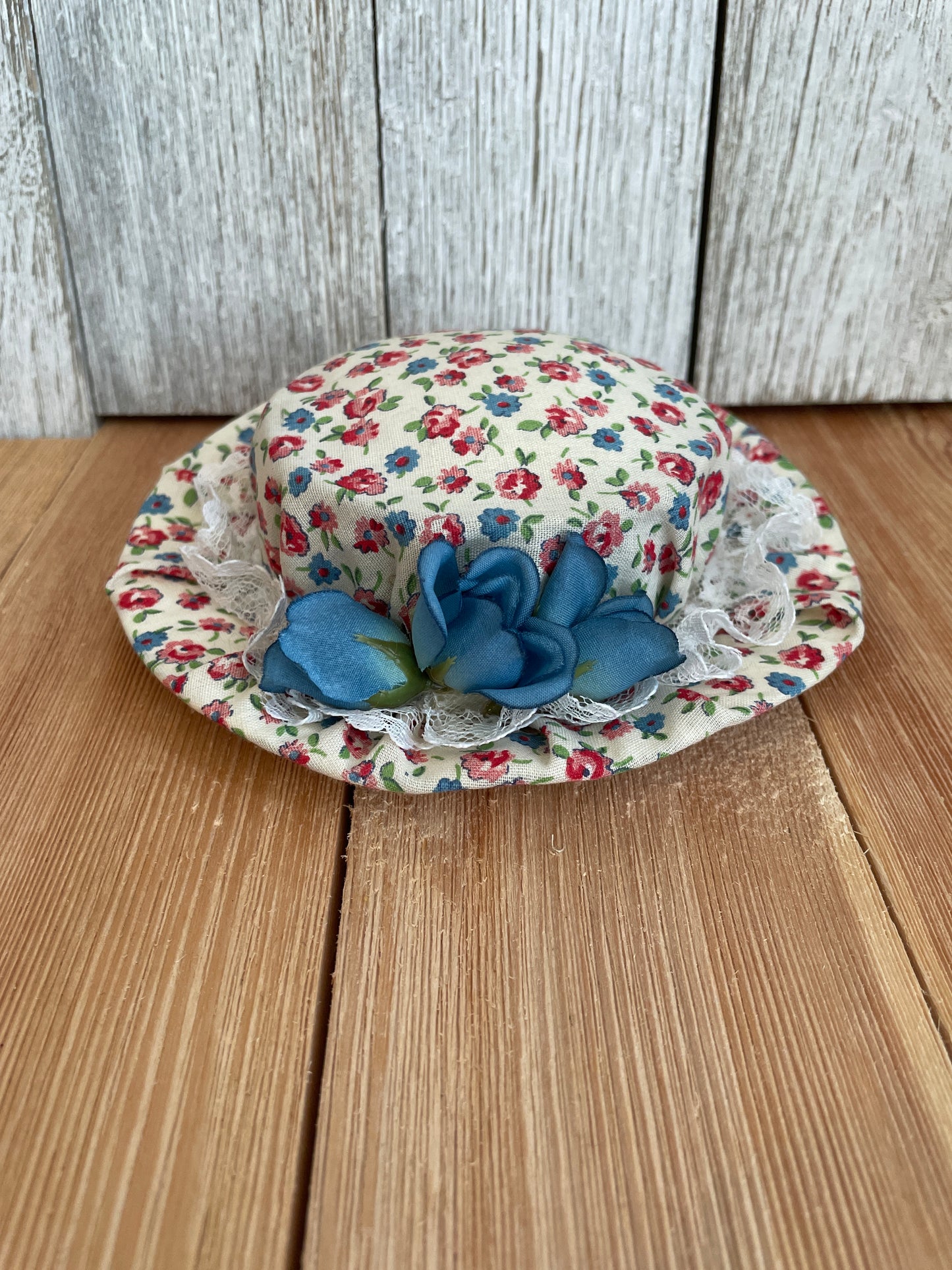 Vintage Handmade Pincushion Victorian Sun Hat with Lace and Blue Flower Details Quirky Cute