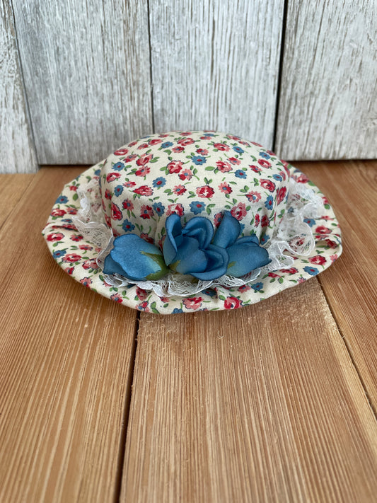 Vintage Handmade Pincushion Victorian Sun Hat with Lace and Blue Flower Details Quirky Cute