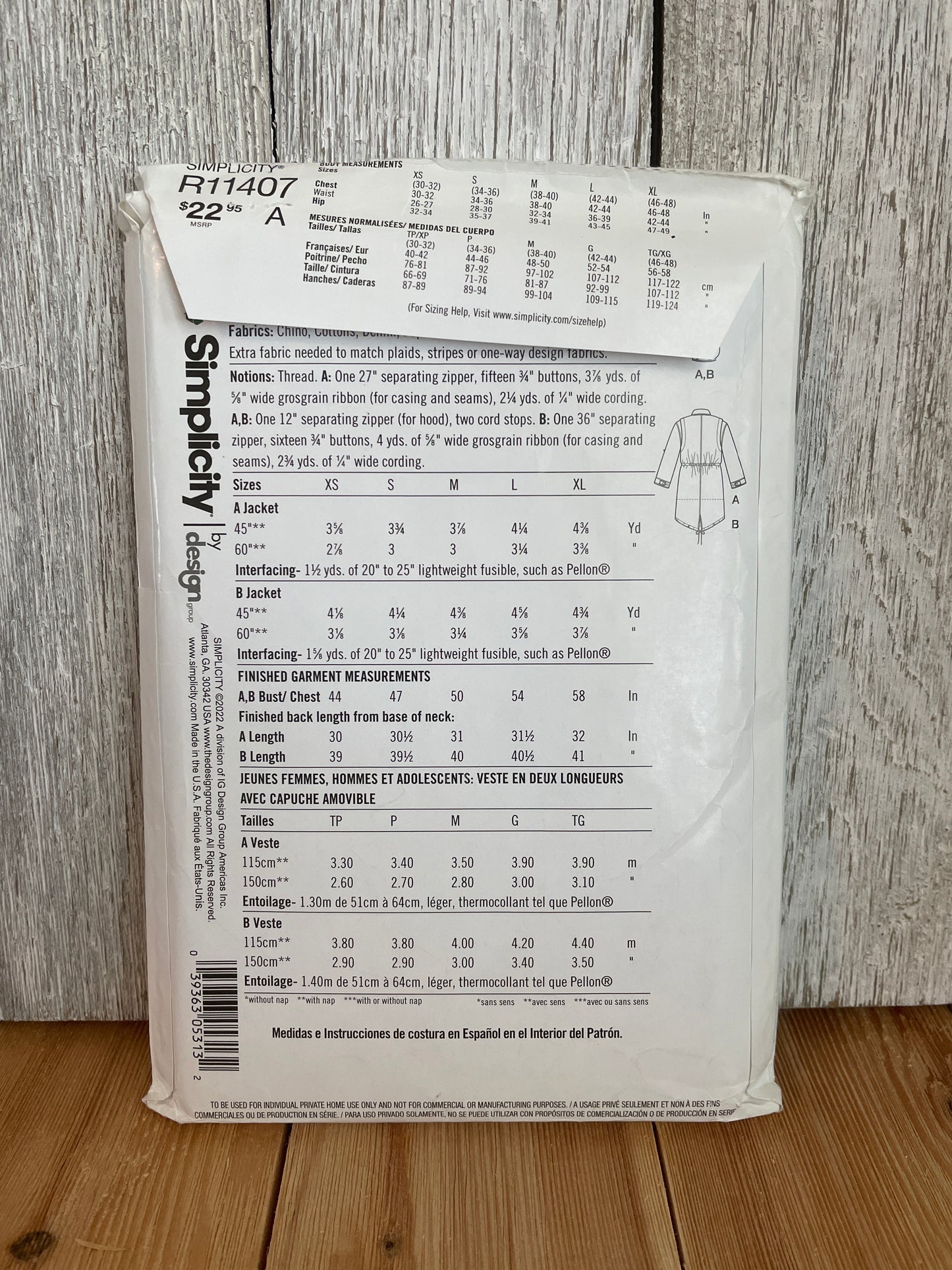 Simplicity MIMI G R11407 Unisex Jacket in 2 Lengths with Detachable Hood Size XS-XL Pattern UNCUT FF