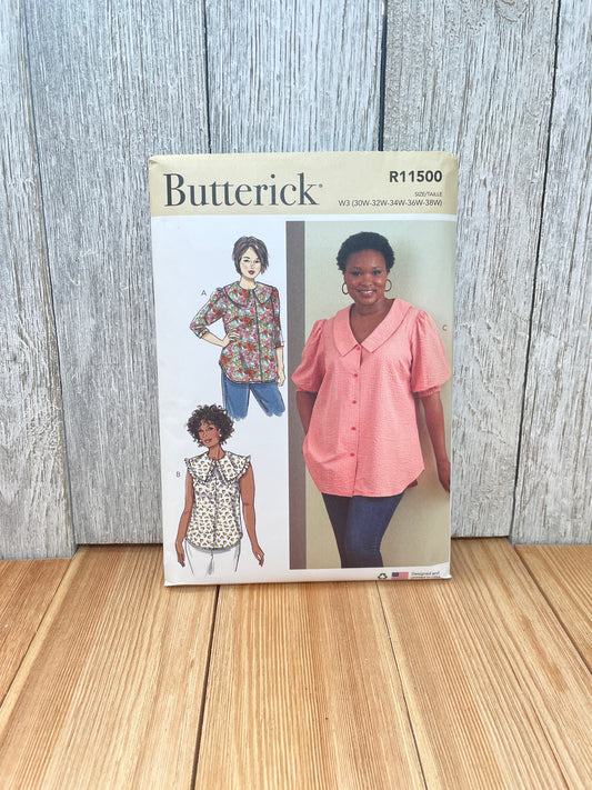 Butterick R11500 Women Top with Collar Button Up Size 30W-38W Uncut FF Sewing Pattern