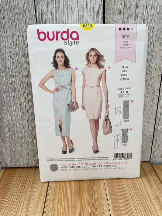 Burda 6320 Misses Sleeveless Knee Length Slim Fit Dress Size 8-18 Uncut FF Sewing Pattern