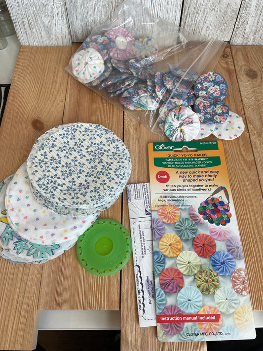 Abandoned Project! 120 Shabby Chic 1980's Fabric Yo-yos, fabric circles, and Clover Quick Yo-yo Maker Small