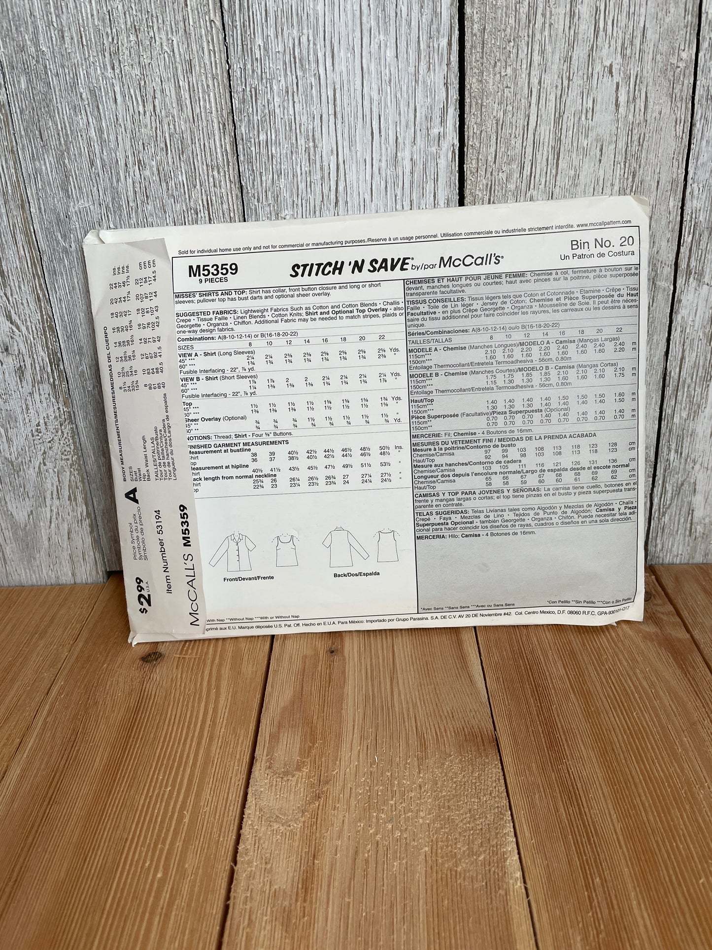 McCall's Easy Stitch 'n Save M5359 Sewing Pattern to Make a Shirt and Matching Top in Women's Sizes 8-14 Pattern Uncut FF