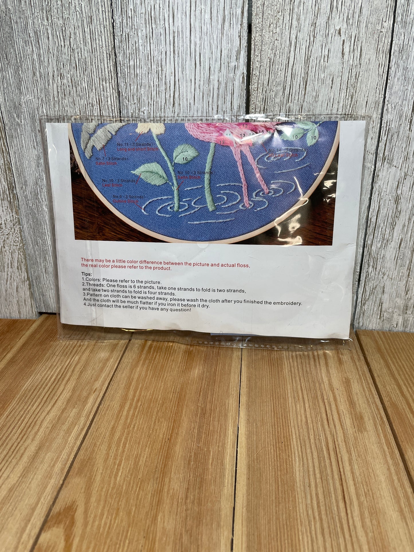 Embroidery Kit Pink Flamingo and Flowers On Blue Fabric