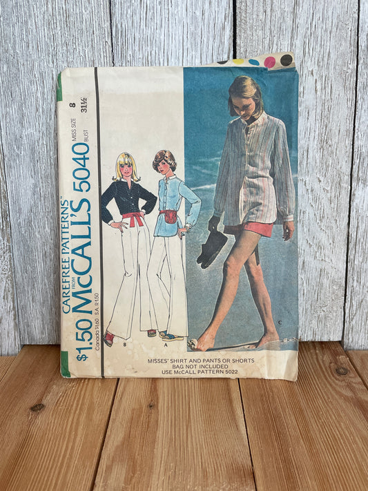 Mccalls 5040 Misses Shirt Pants and Shorts Size 8 1976 Pattern Uncut FF
