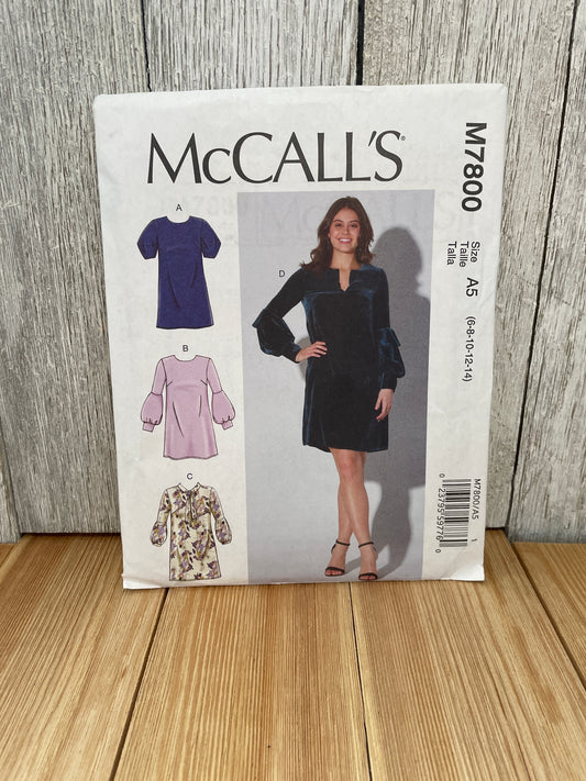 McCall's M7800 Misses Pullover Loose Fit Dress with Trumpet Sleeves Size 6-14 Uncut FF Sewing Pattern