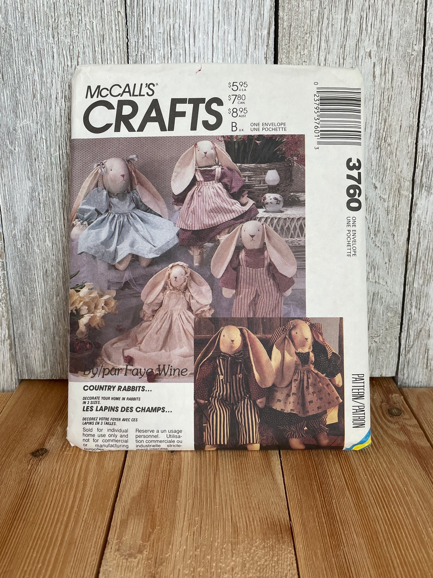McCalls Crafts 3760 Stuffed Girl and Boy Bunny in 3 Sizes and Clothes Faye Wine Pattern UNCUT FF