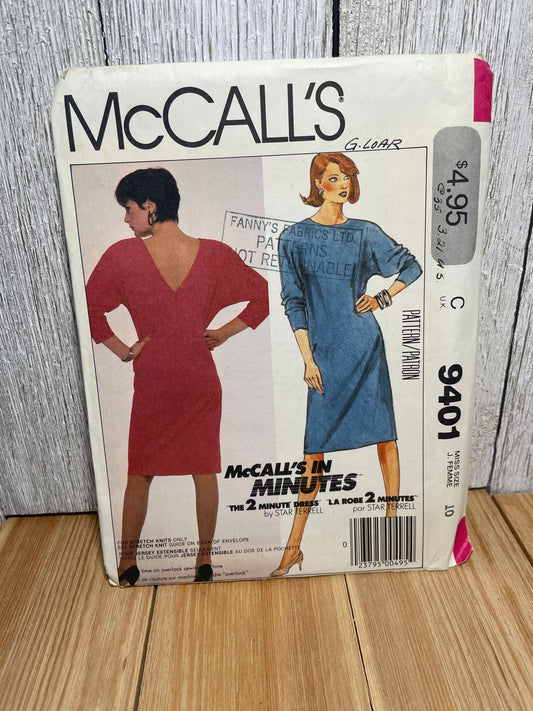 McCall's 9401 Misses Strech Knit Dress Deep V Line Back Size 10 Uncut FF Sewing Pattern
