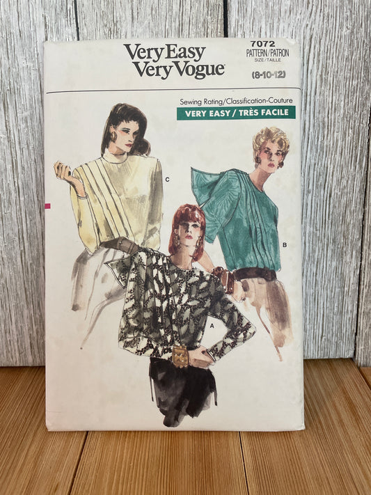 Vogue 7072 Pleated Shoulder Blouse Size 8-12 Pattern UNCUT FF