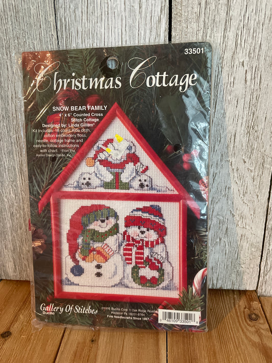 Bucilla Christmas Cottage Snow Bear Family Counted Cross Stitch Kit with House Frame 33501