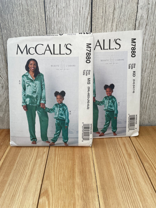 McCall's M7880 Mother Daughter Pajamas Pattern Bundle Uncut FF  Size Kids 3-8 Misses SML-XLG