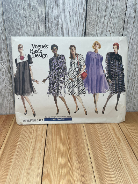 Vogue 2172 Basic Design Flared Dress with Pleats Size 8-12 Uncut FF Sewing Pattern