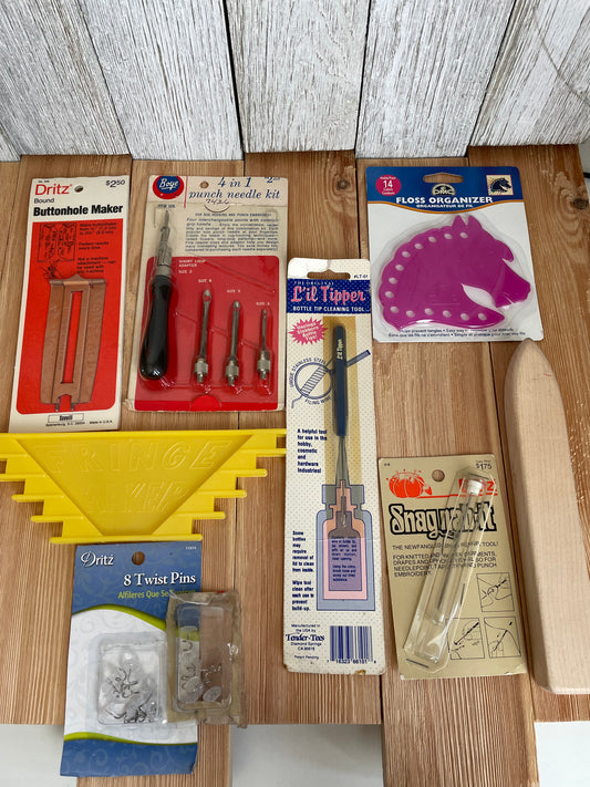 Vtg NOS Sewing notion TOOL Floss Organizer Punch needle kit Bottle tip Cleaning Buttonhole Maker Findings Sewing U PICK