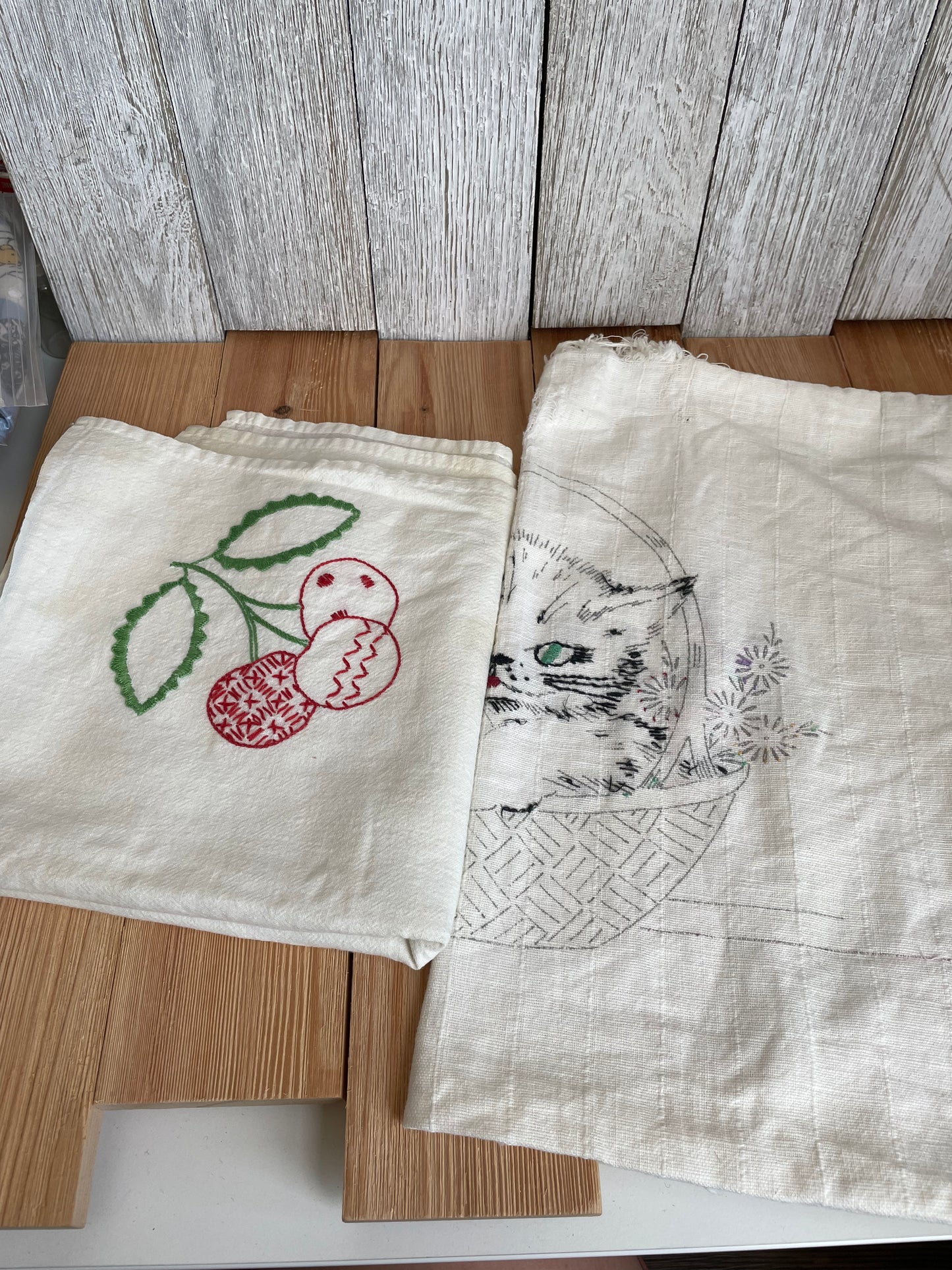 Abandon Project Embroidery Lot of 2, Cherries Towel and Cat Pillowcase