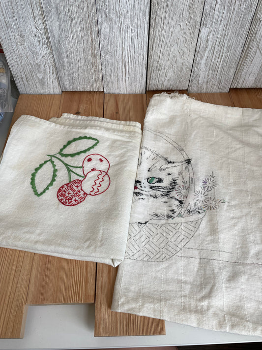 Abandon Project Embroidery Lot of 2, Cherries Towel and Cat Pillowcase