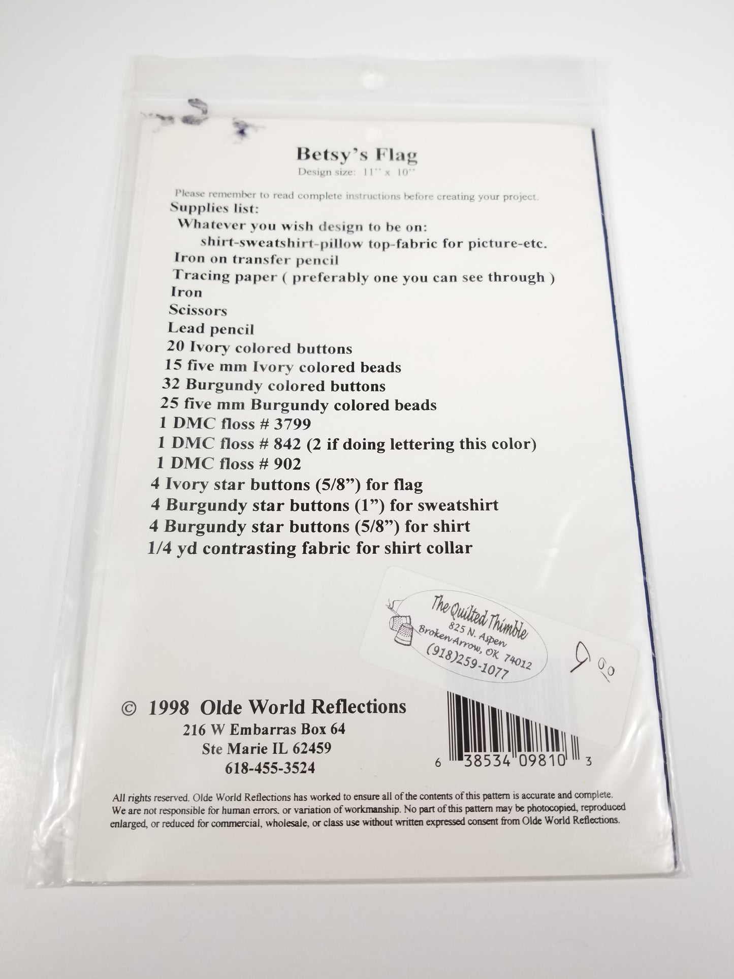 Betsy's Flag #9810 Primitive Stitchery Button Embroidery Pattern Holiday freedom Uncut
