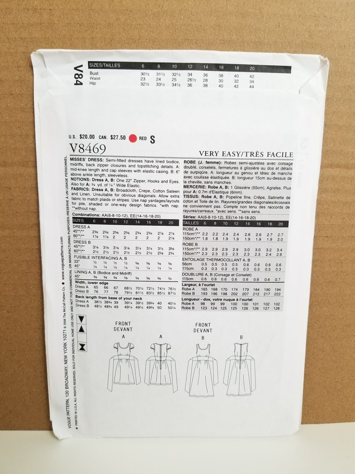 Vogue V8469 Misses Dress semifitted Lined bodice Size 6-12 Pattern Uncut FF
