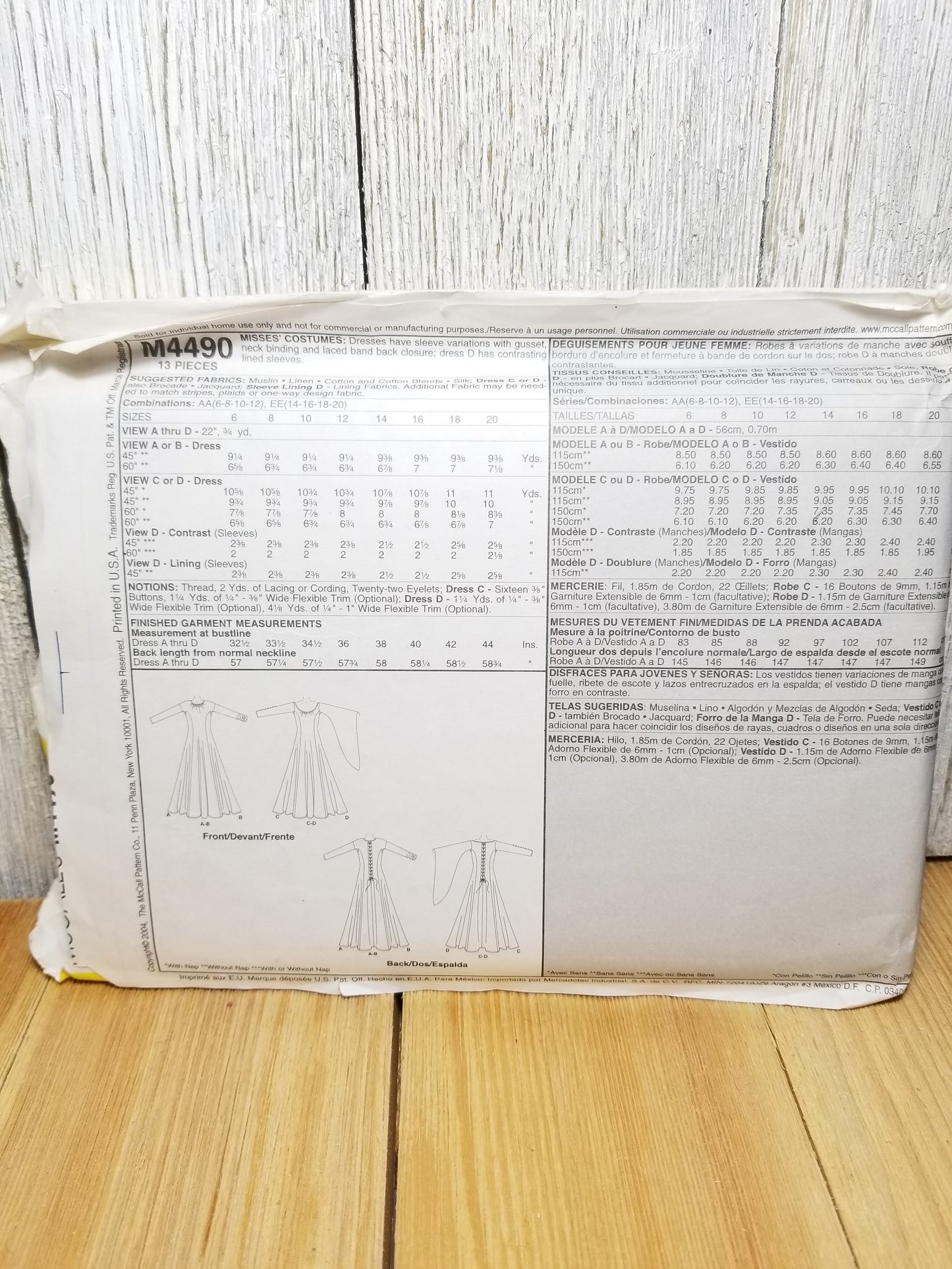 McCall's M4490 Costumes Renaissance Medieval Dress Costume Flowing Sleeve Uncut FF