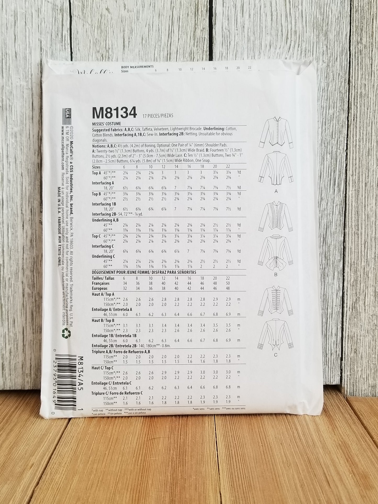 McCalls M8134 Victorian Shirt Close Fitting Button Front Basque Top Costume Halloween Pattern Size 6-14 UNCUT FF