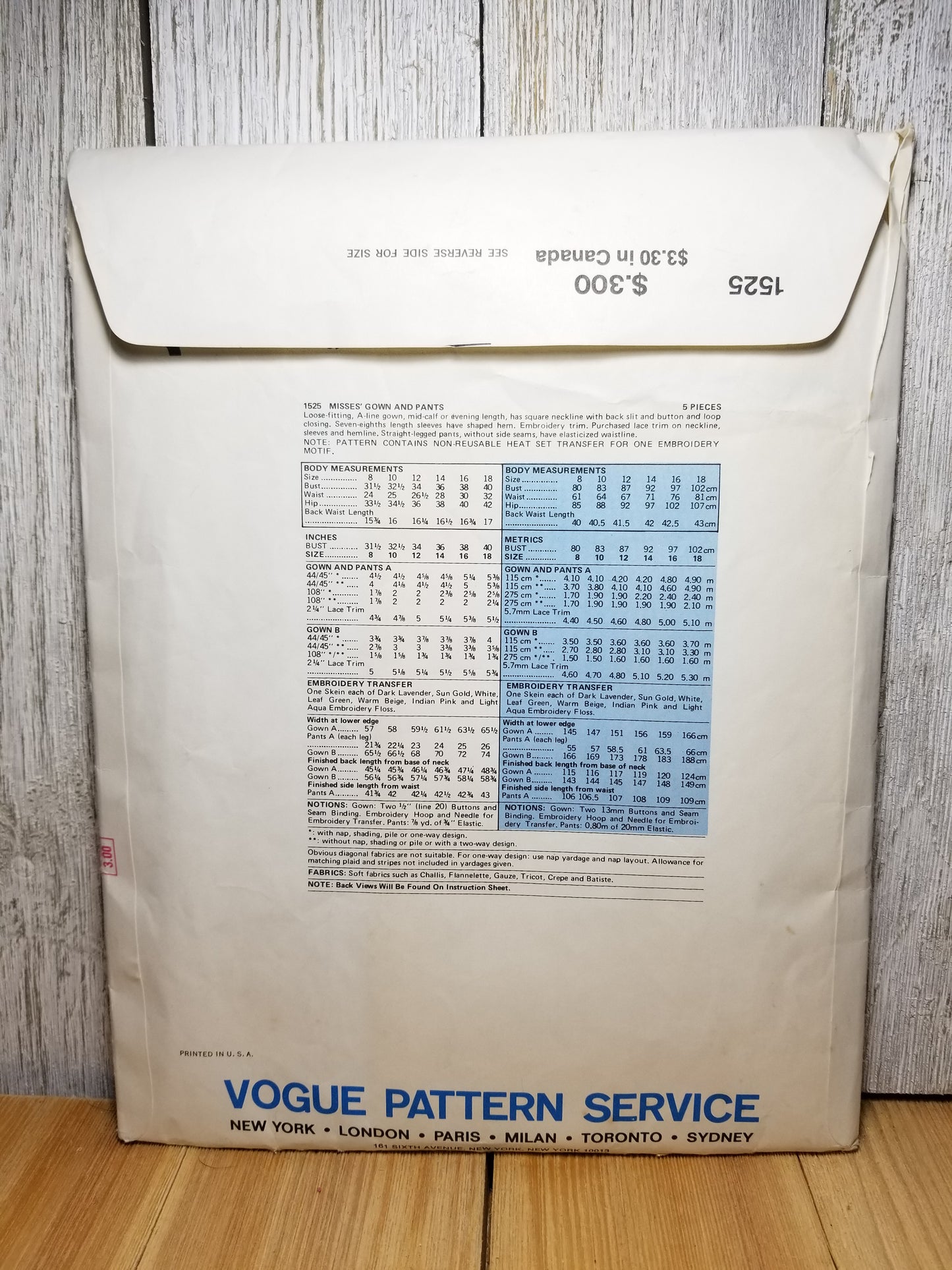 Vogue 1525 Vintage Sewing Pattern Nightgown and Pants with Embroidery Transfer in Misses Size 18 1970's Uncut FF