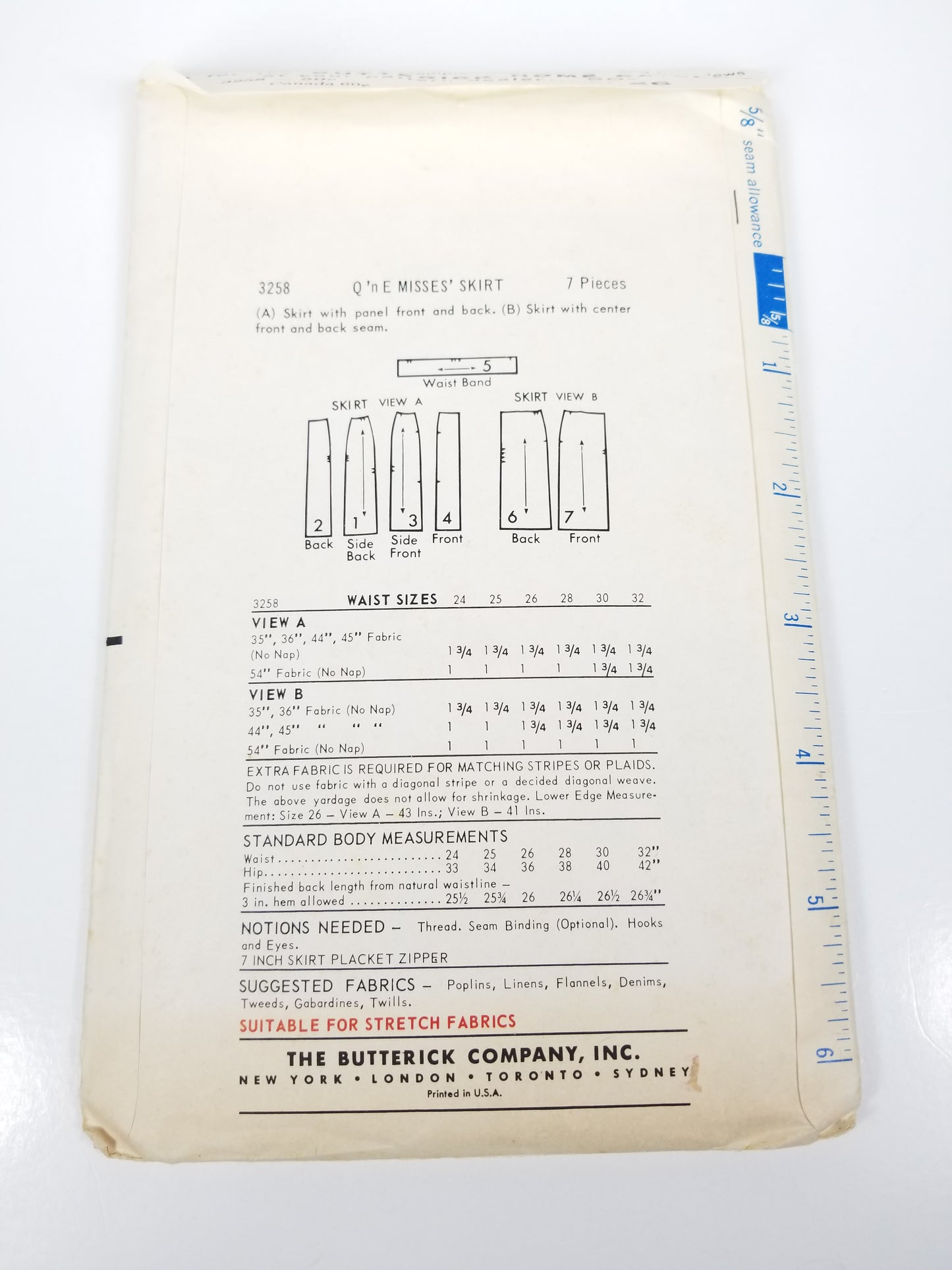 1960's Butterick 3258 2 Piece Pencil Skirt Pattern Waist 26 Hip 36 Complete