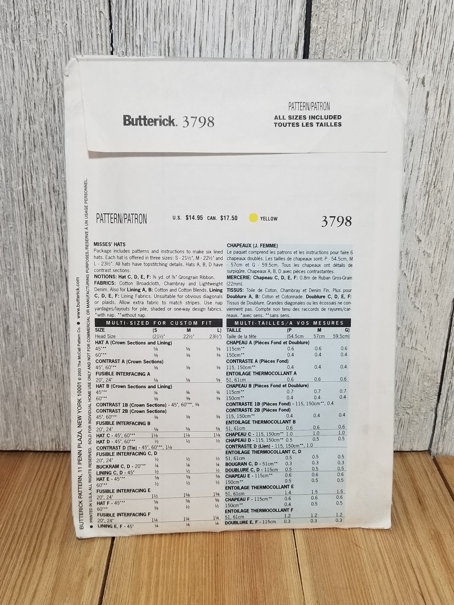 Butterick 3798 Misses Hats Floppy Bucket Brimmed Cloche Size Small-Large Uncut FF