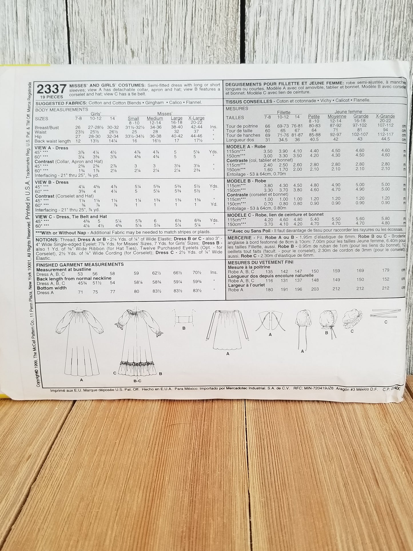 Mccalls M7230 2337 Historical Pioneer and Pilgrim Costume Halloween Size Medium (12-14) Pattern Uncut FF