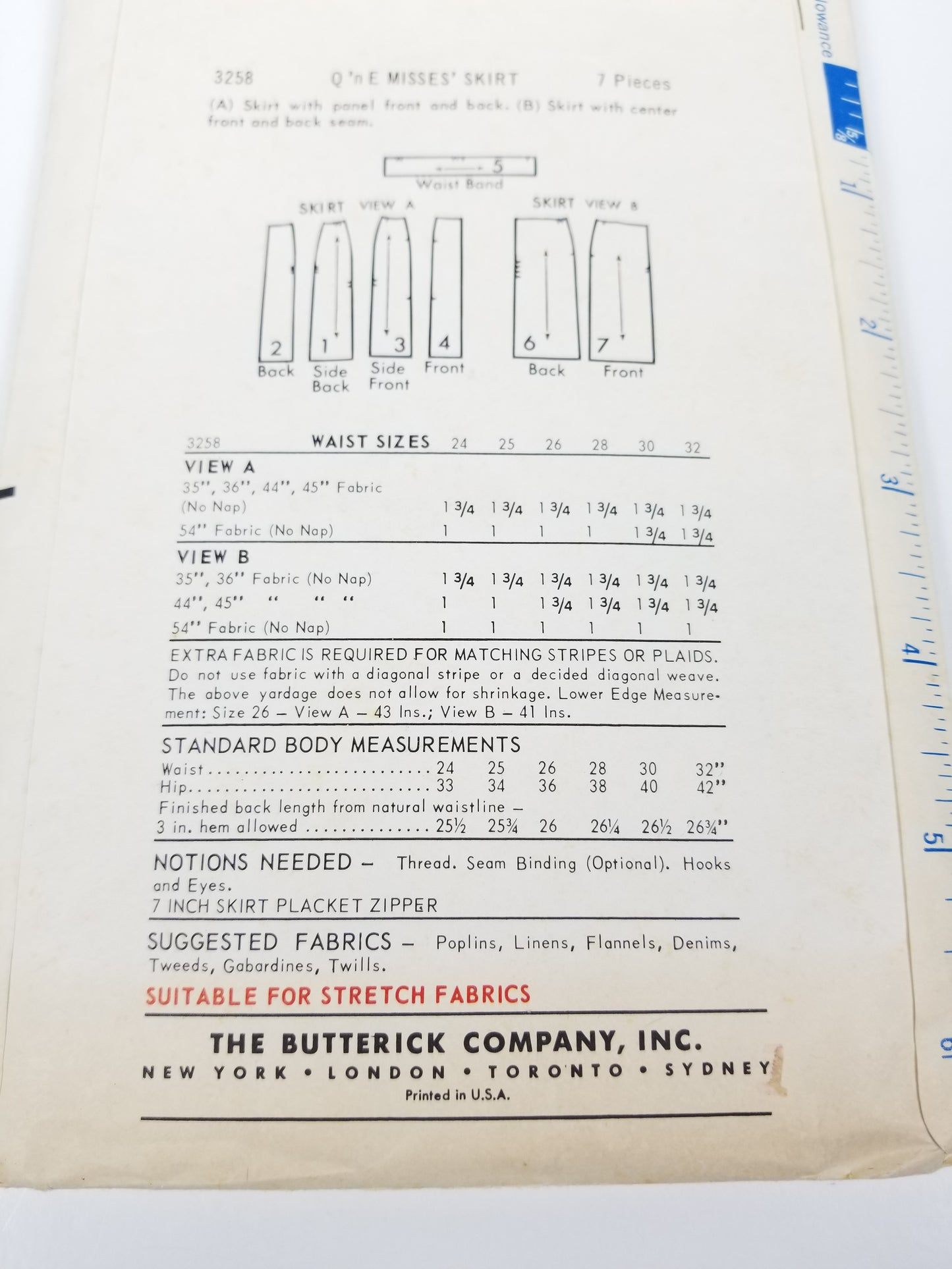 1960's Butterick 3258 2 Piece Pencil Skirt Pattern Waist 26 Hip 36 Complete