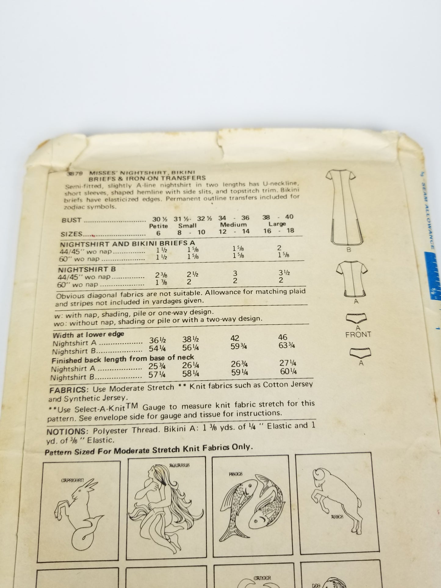 Butterick 3879 Misses Nightshirt Bikini Briefs Iron On Transfers Included Pattern Uncut FF